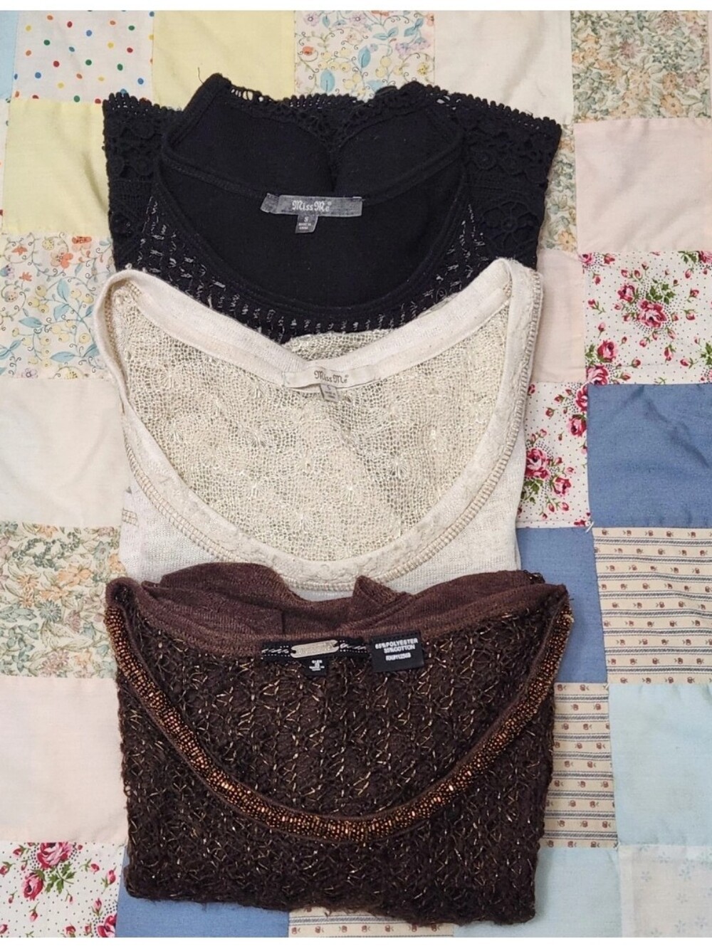Miss Me Tunic Top Bundle S Black Crochet Brown Beaded Ivory Lace Sequin Festival